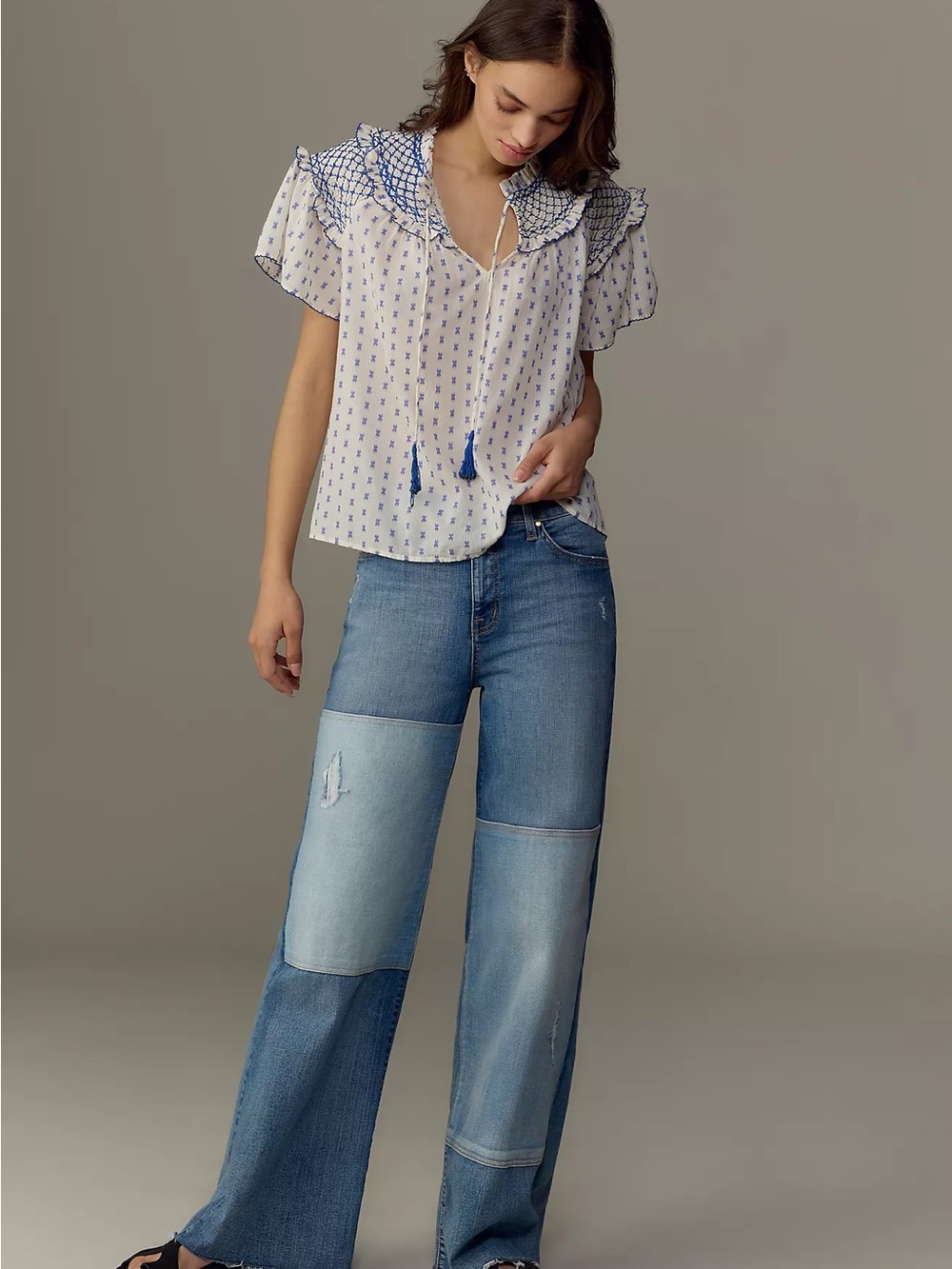 Anthropologie Pilcro Short-Sleeve Smocked Clip Dot Blouse - Picture 4 of 10